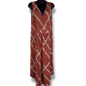 Large Natural Reflections Brick Orange Boho Print Sleeveless Stretch Dress Vneck